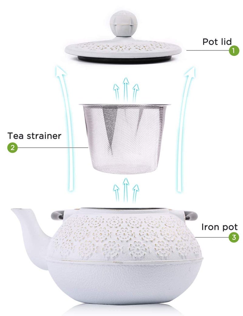 Sotya Cast Iron Teapot, 40oz/1200ml Japanese Tetsubin Tea Pot with Infuser for Loose Leaf and Tea Bags, Tea Kettle Coated with Enameled Interior for Stove Top, White - Image 2
